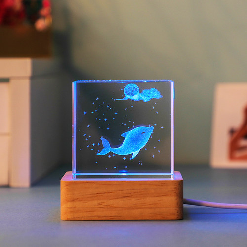 七彩发光方体水晶桌面装饰品摆件