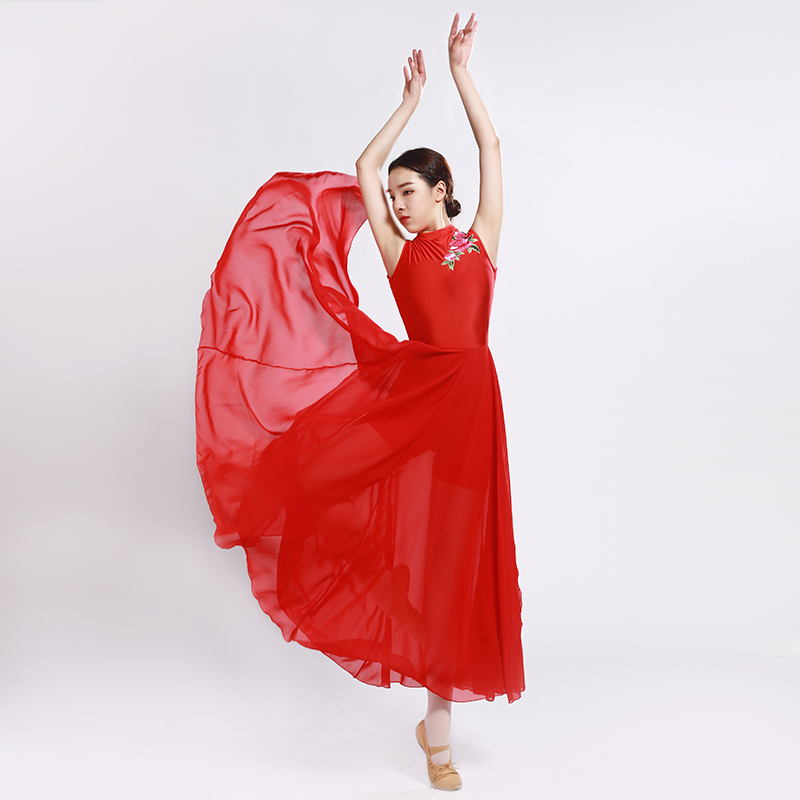 黑色舞蹈服装女飘逸现代舞大气开场舞大摆裙演出服红色舞蹈裙成人