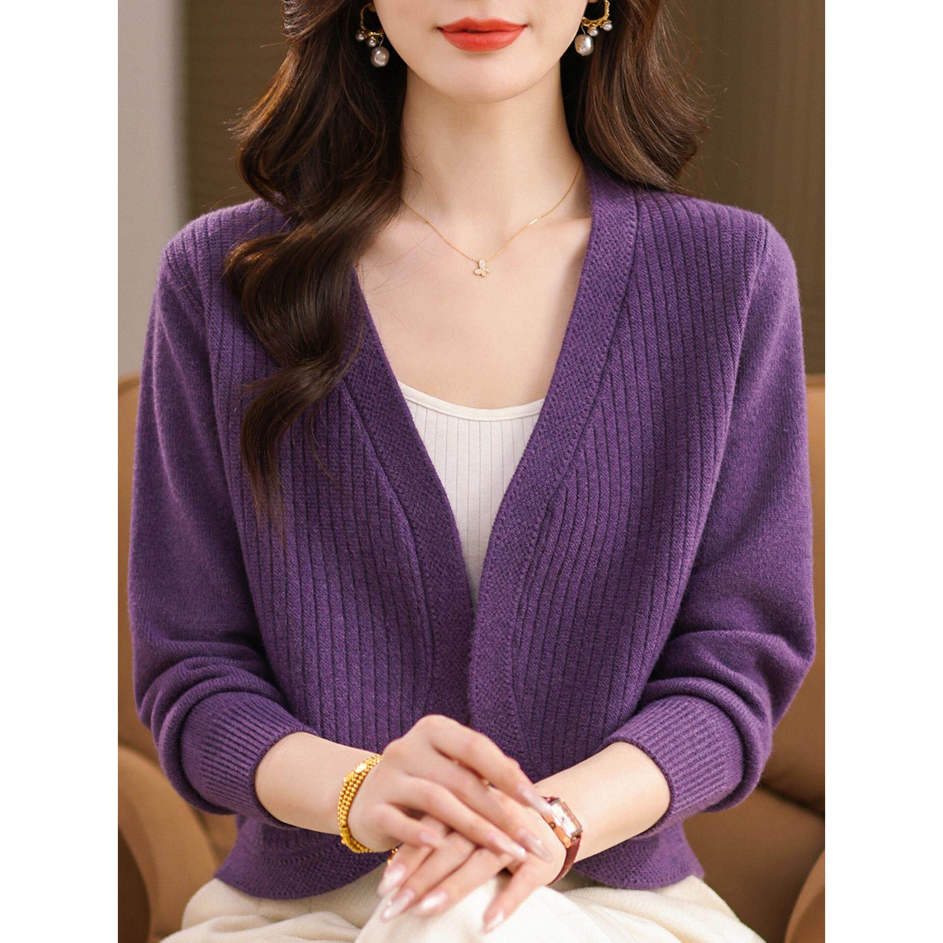 MONLOUVE针织开衫女士短款春秋季中年妈妈旗袍披肩外搭上衣小个子