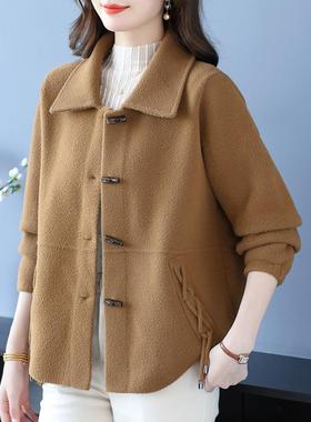 MONLOUVE红色外套女中长款翻领牛角扣气质减龄显瘦针织大衣