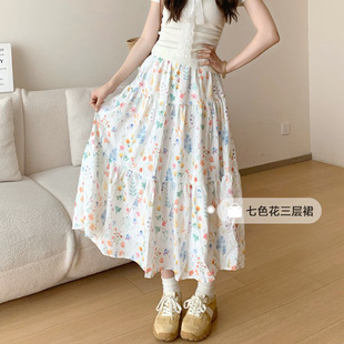小清新碎花半身裙2025新款 夏季 高腰显瘦长裙白裙子甜美田园风蛋糕
