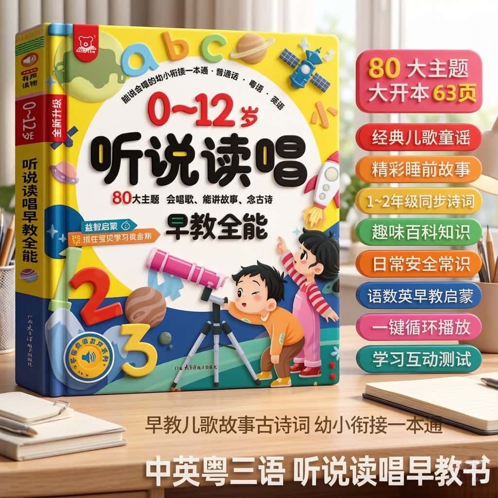 0-12岁听说读唱早教全能会说话的早教点读有声书儿童益智幼儿早教中英粤三语有声读物0-9岁宝宝学说话唱儿歌讲故事启蒙认知发声书