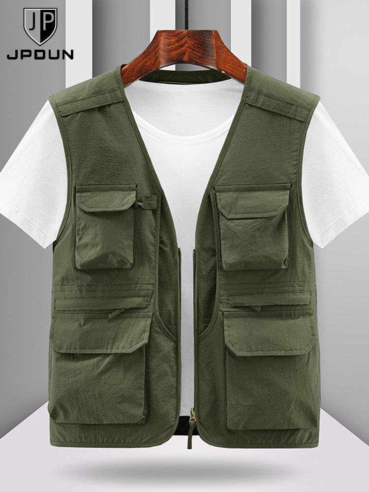 JPDUN MENS AUTUMN THIN VEST MIDDLE-AGED ELDERLY MULTI-POCKET FISHING HORSE CLIP OUTDOOR CASUAL SLEEVELESS VEST