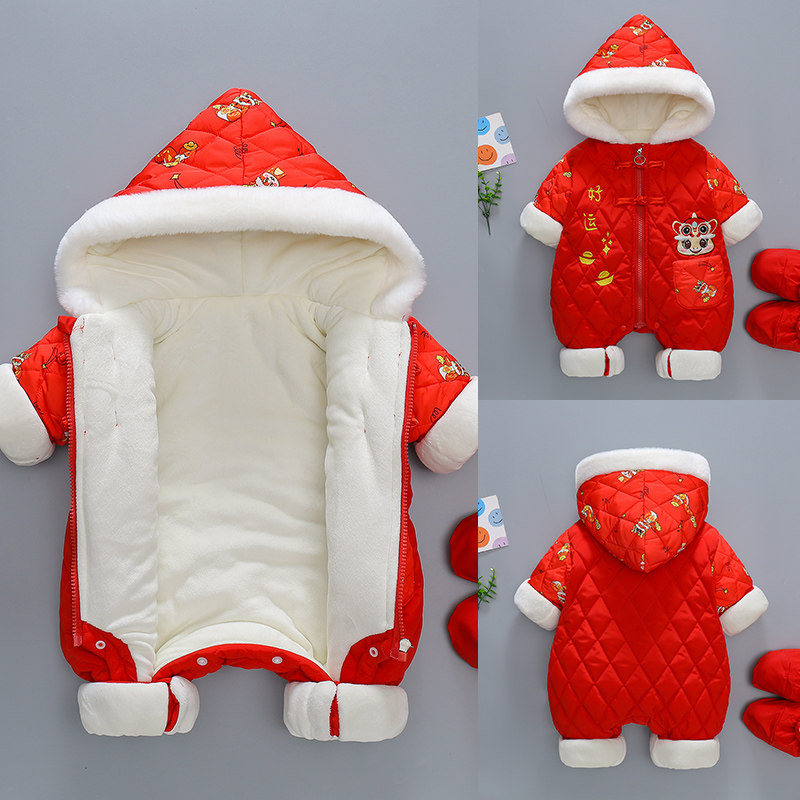 拜年婴儿冬季加厚连体衣过年衣服红色宝宝新生儿冬装棉服新年好运
