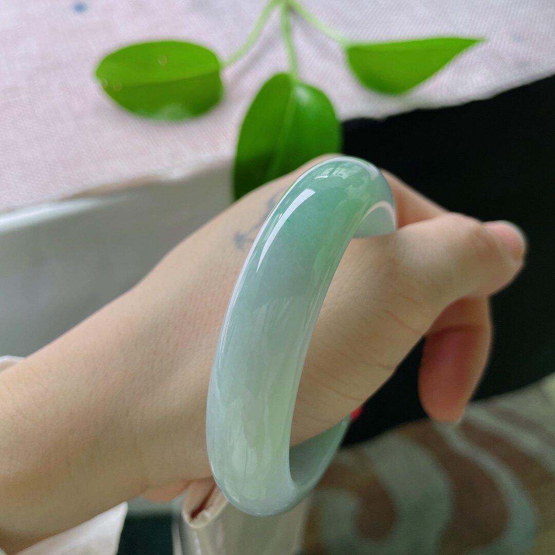 5253正圈天然缅甸a货糯种半山水飘绿春带彩翡翠手镯正品旗舰店女