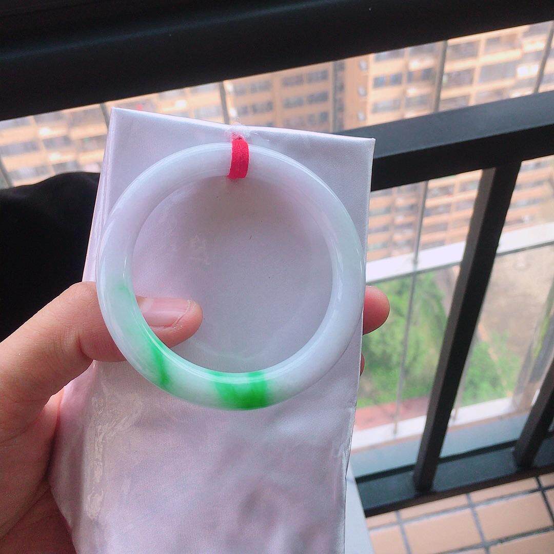 5354圆条天然缅甸a货糯种飘阳绿白底青翡翠手镯正品官方旗舰店女