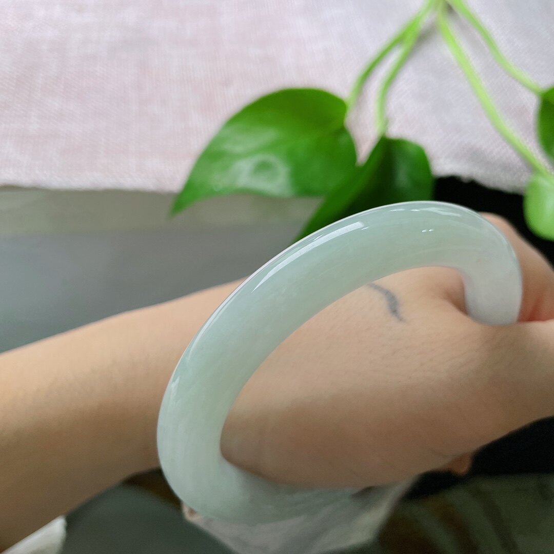 57圆条天然缅甸a货细糯种半山水淡紫春带彩翡翠手镯正品旗舰店女