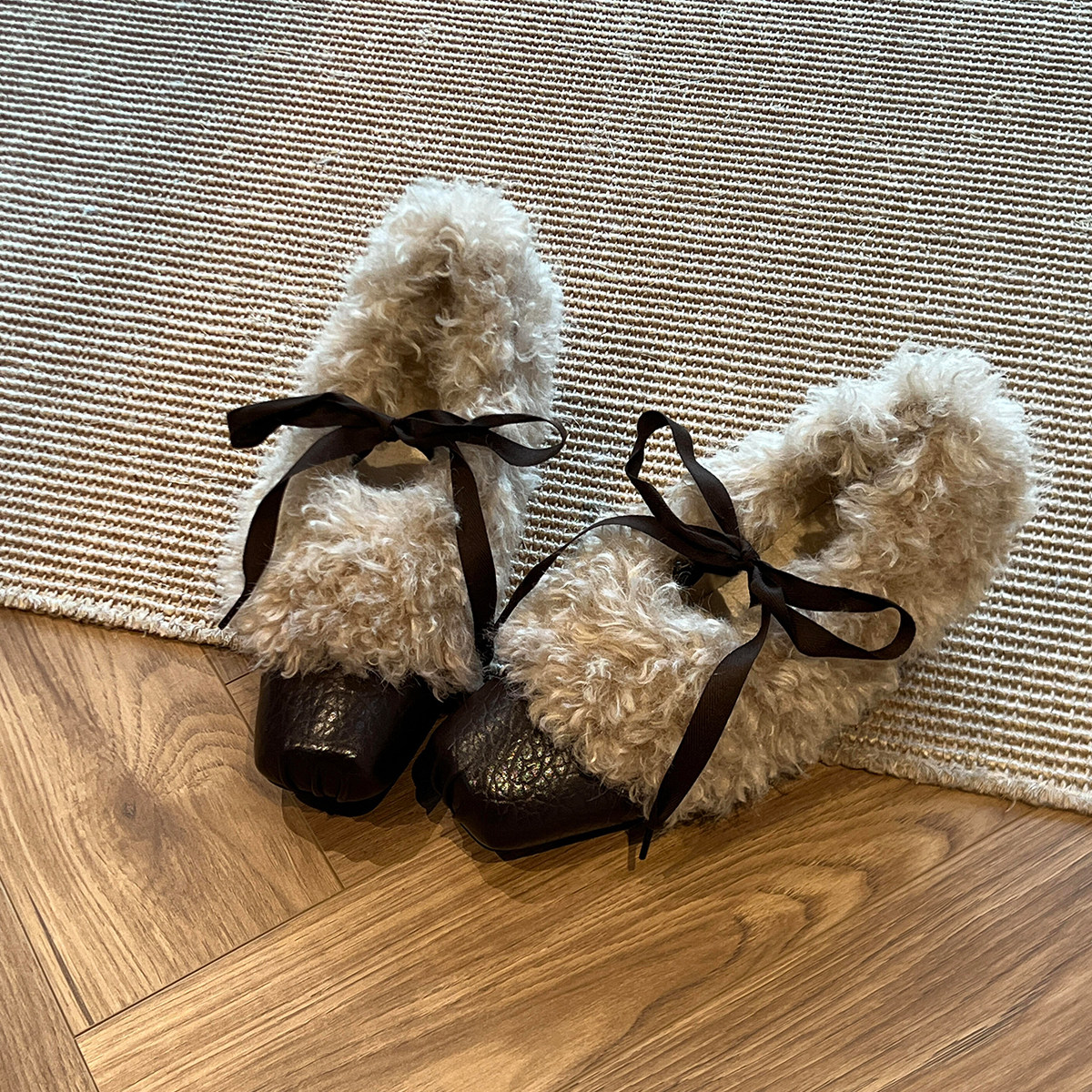 复古风方头芭蕾鞋女2026年秋冬新款系带浅口毛毛显瘦单鞋气质棉鞋,女鞋,棉鞋,淘宝优惠券,粉丝福利购,淘宝优惠卷