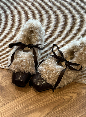 复古风方头芭蕾鞋女2025年秋冬新款系带浅口毛毛显瘦单鞋气质棉鞋