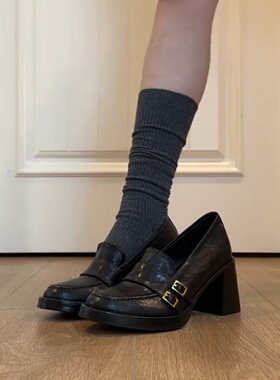 2025秋冬新款复古一脚蹬粗跟乐福鞋英伦风小皮鞋气质百搭高跟鞋女