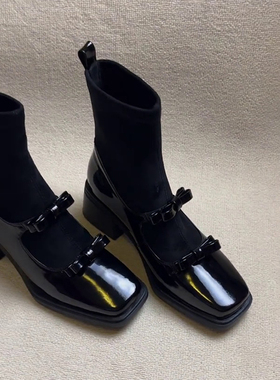 方头复古蝴蝶结弹力瘦瘦靴2025新款拼接玛丽珍袜靴显瘦粗跟短靴女