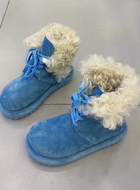 蓝色多巴胺磨砂皮加绒雪地靴女2025冬季厚底系带厚绒防滑加绒棉鞋