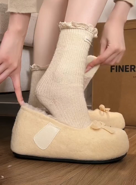 2025新款磨砂皮设计感蝴蝶结浅口单鞋女冬季加绒保暖毛毛鞋魔术贴