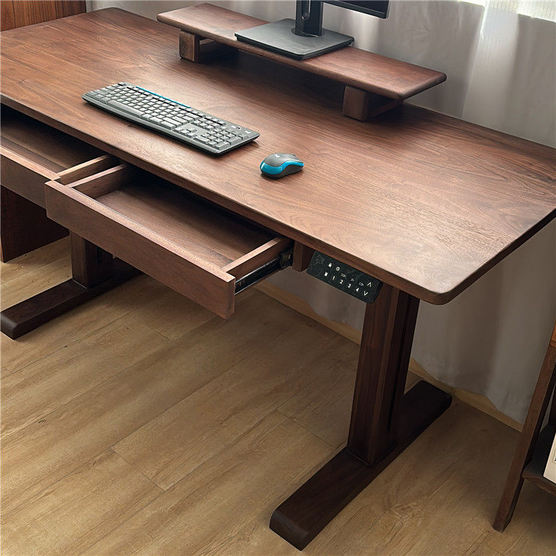 北美黑胡桃木电动升降电脑桌可升降家用学习办公书桌工桌台