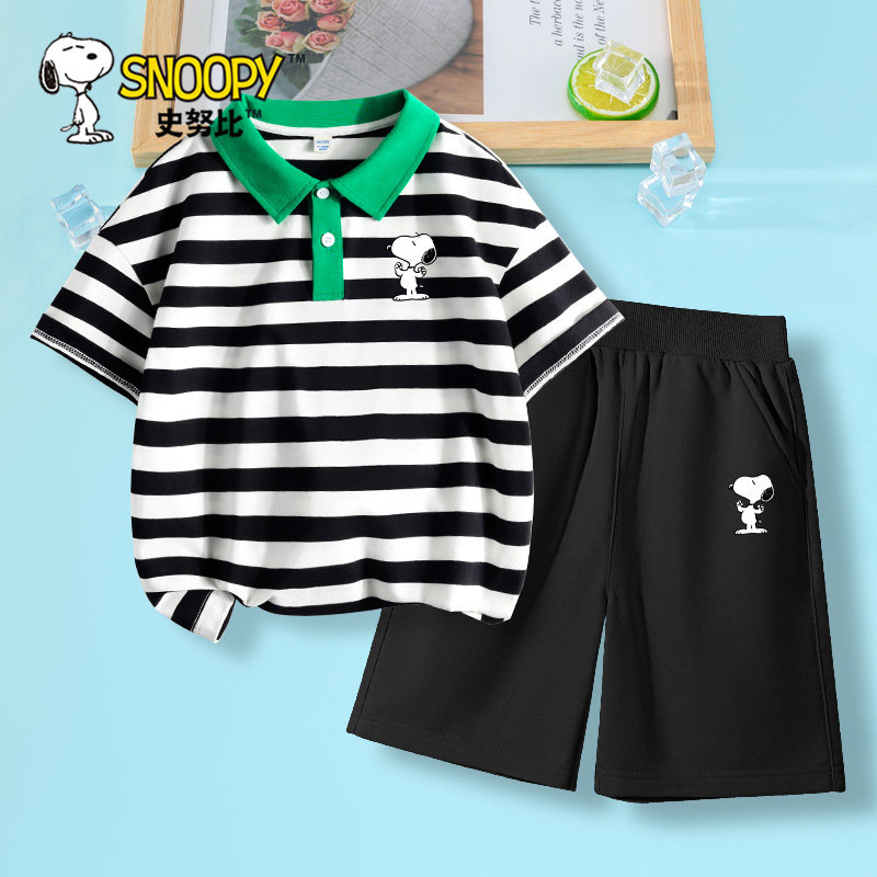 史努比童装儿童夏装套装男童条纹短袖中大童polo衫男孩夏季两件套