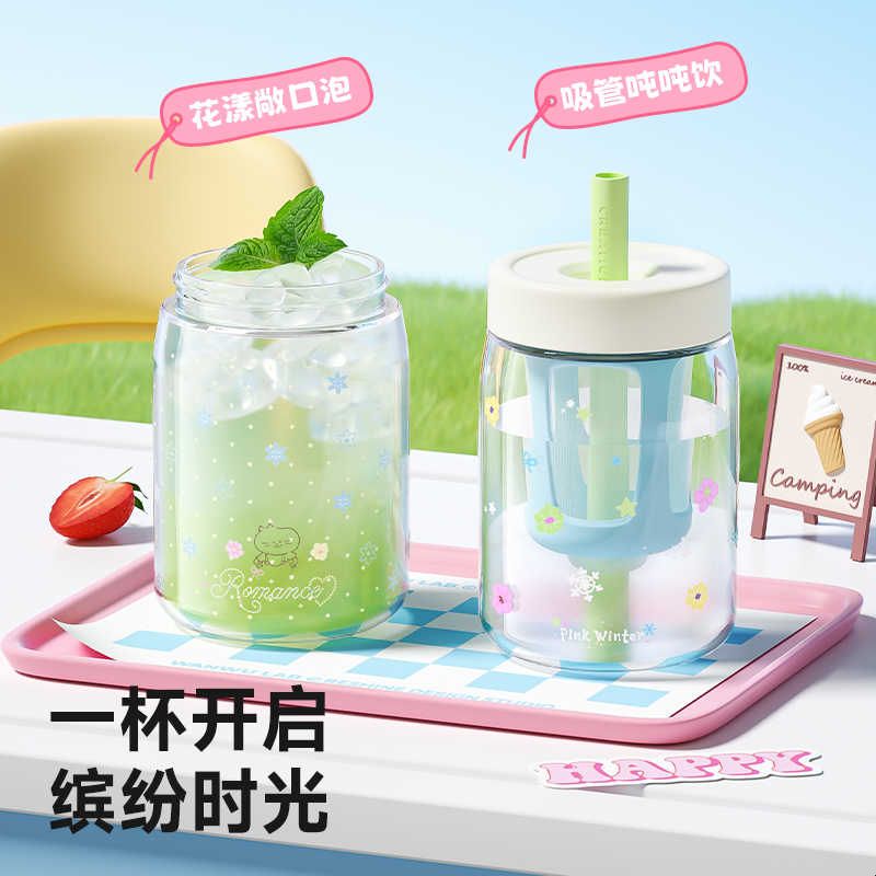 万兀玻璃杯女生高颜值耐高温吸管水杯办公室茶水分离杯学生杯子图片