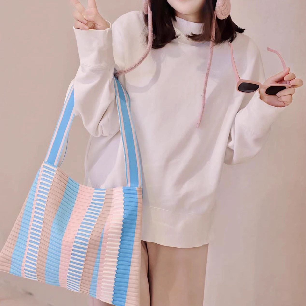 KNITFANATICS新款针织条纹单肩编织托特包通勤女包大容量度假风,箱包皮具/热销女包/男包,托特包,淘宝优惠券,粉丝福利购,淘宝优惠卷