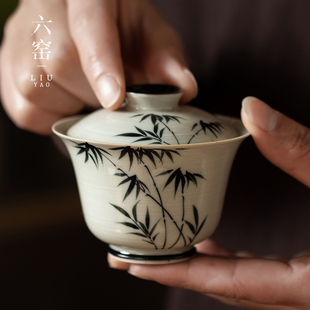 手绘墨竹盖碗茶杯陶瓷单个小号泡茶器茶碗简约复古中国风功夫茶具