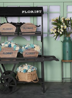 田园乡村复古做旧实木花架手推车花房花车摆件商业店铺橱窗置物架