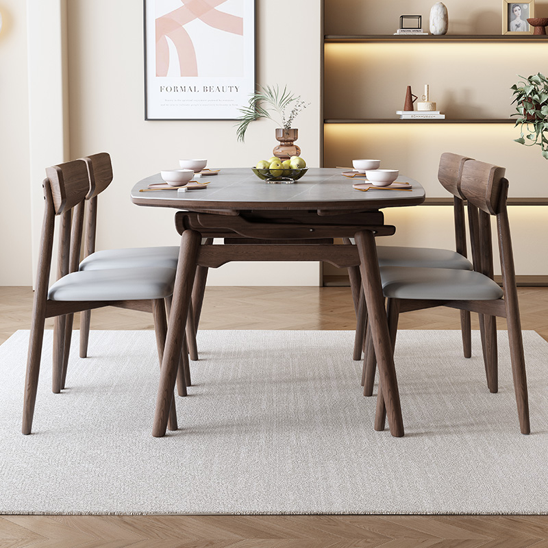 黑胡桃色原木风岩板可伸缩餐桌小户型家用现代简约实木折叠圆饭桌