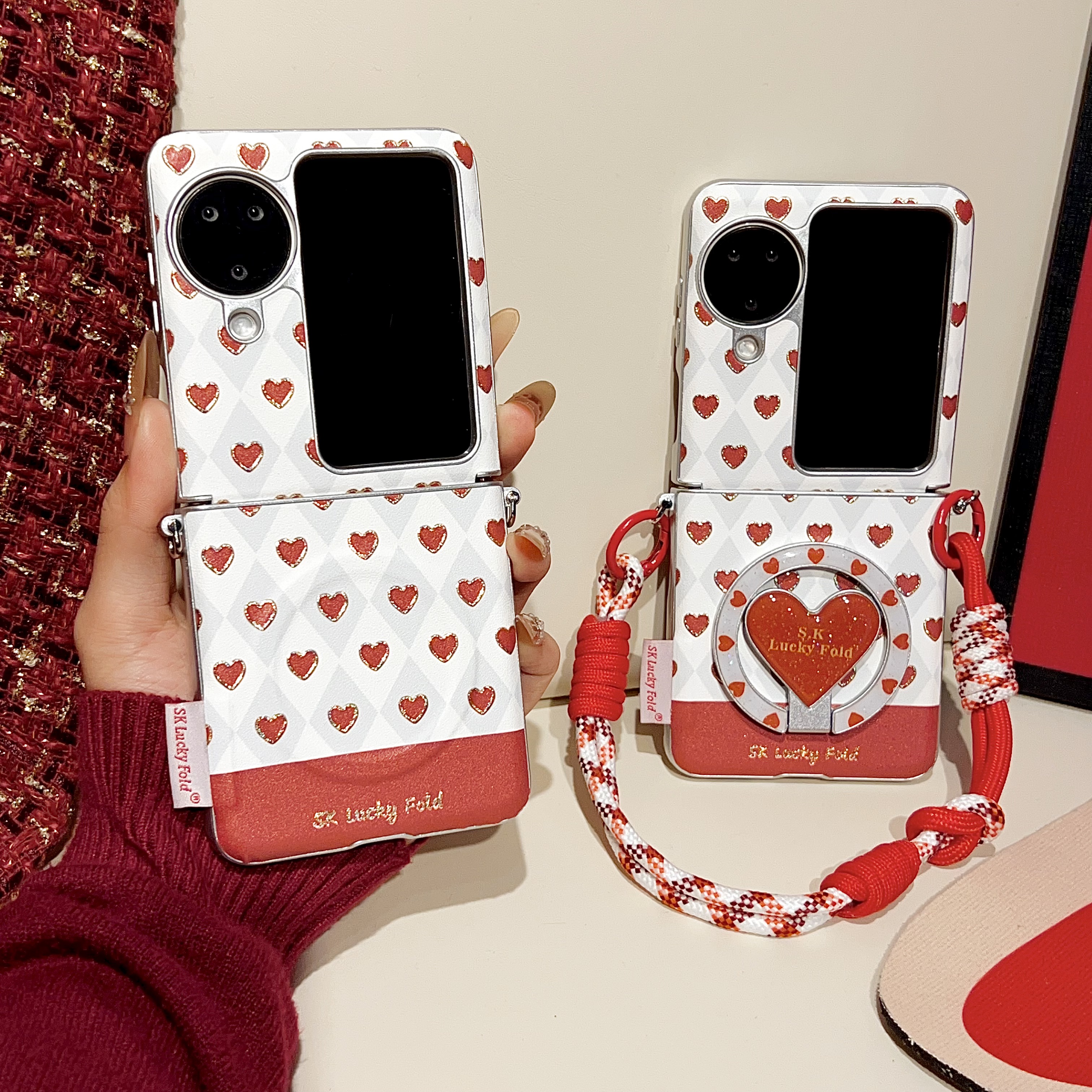 适用oppofindn3flip手机壳新款OppO简约新年红色爱心折叠屏findn3flip保护套全包防摔n3flip创意高级感带挂绳
