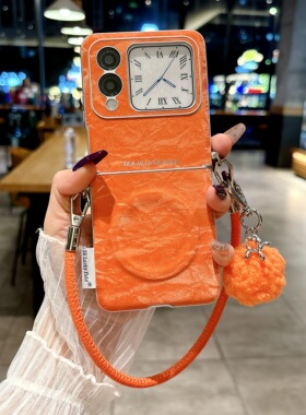 适用华为novaflip新款手机壳华为novaflips磁吸充电novaflip鎏金丝绒侧扣时尚橙色同款手提绳折叠屏保护套女