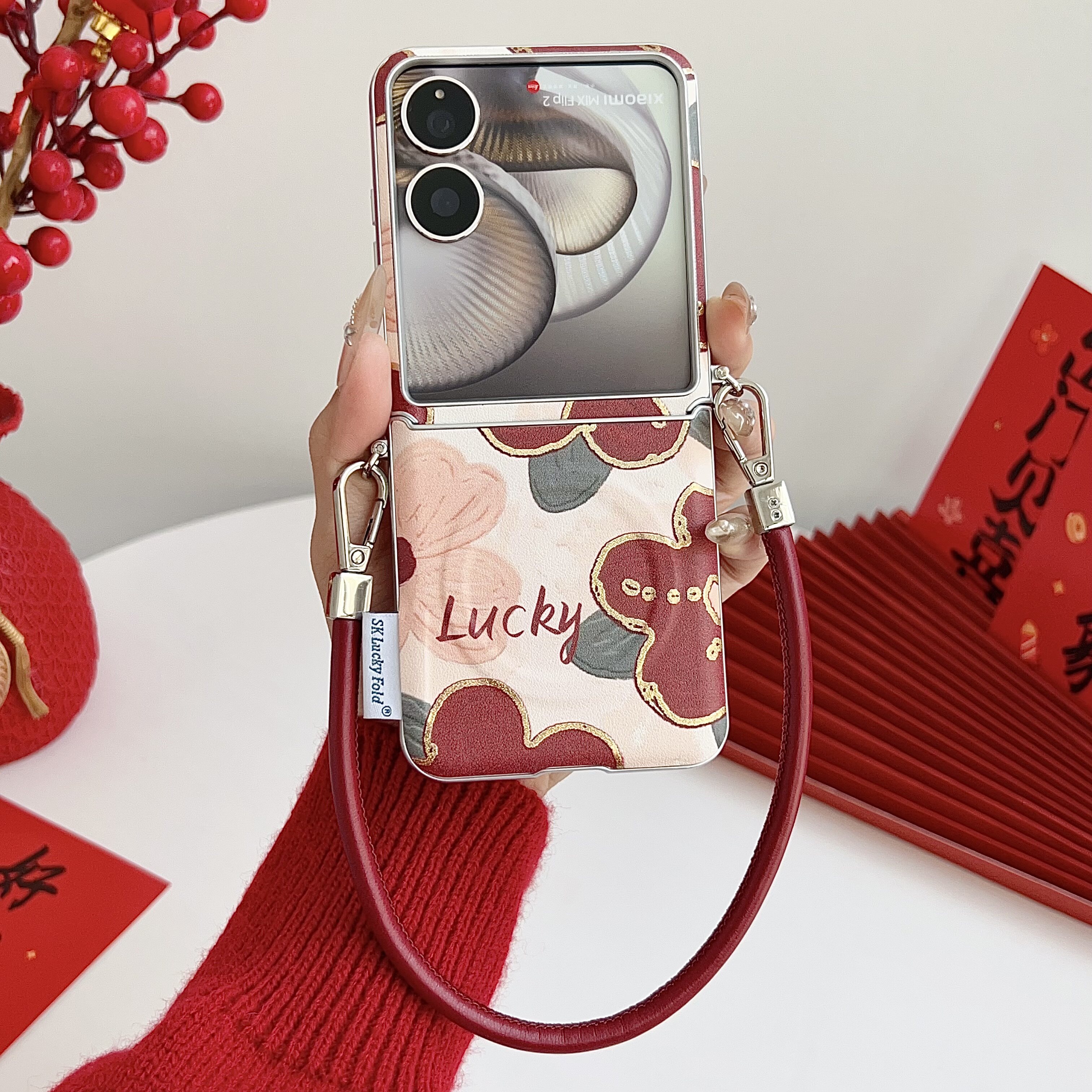 适用于小米MIXFlip2手机壳新款折叠屏翻盖保护套磁吸全包防摔带挂绳小米mixflip高级感油画花艺术女皮纹潮红