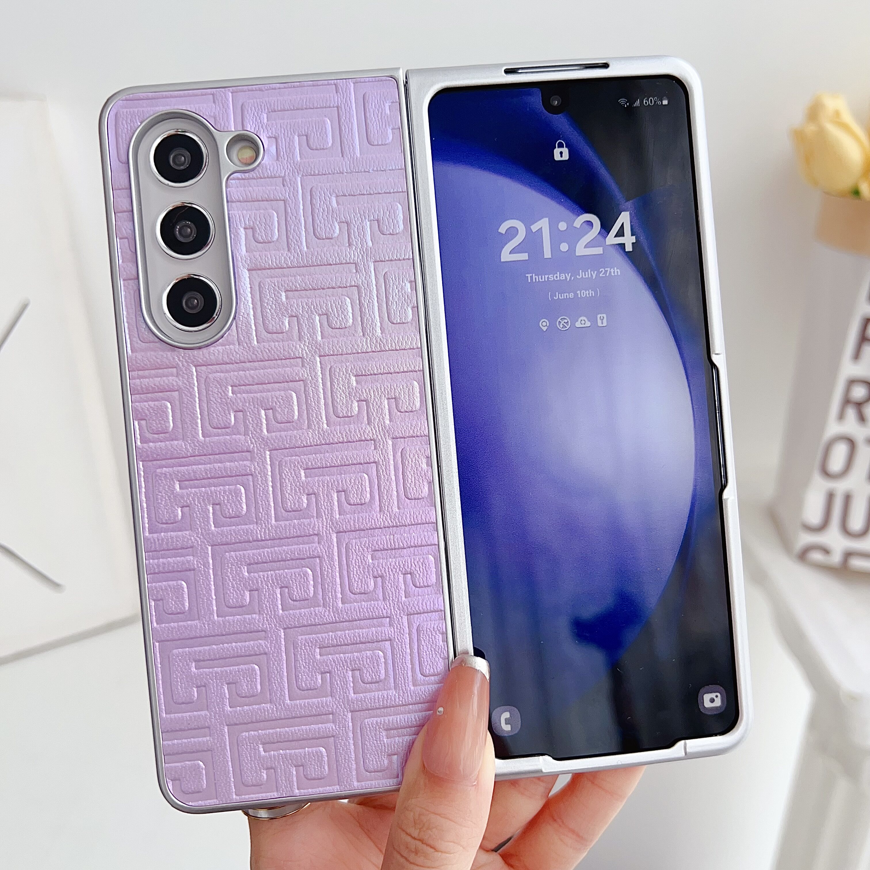 适用三星zfold5手机壳Galaxy Zfold4折叠屏女新款纯色几何渐变皮纹网红时尚zfold3简约全包防摔保护套硬外壳