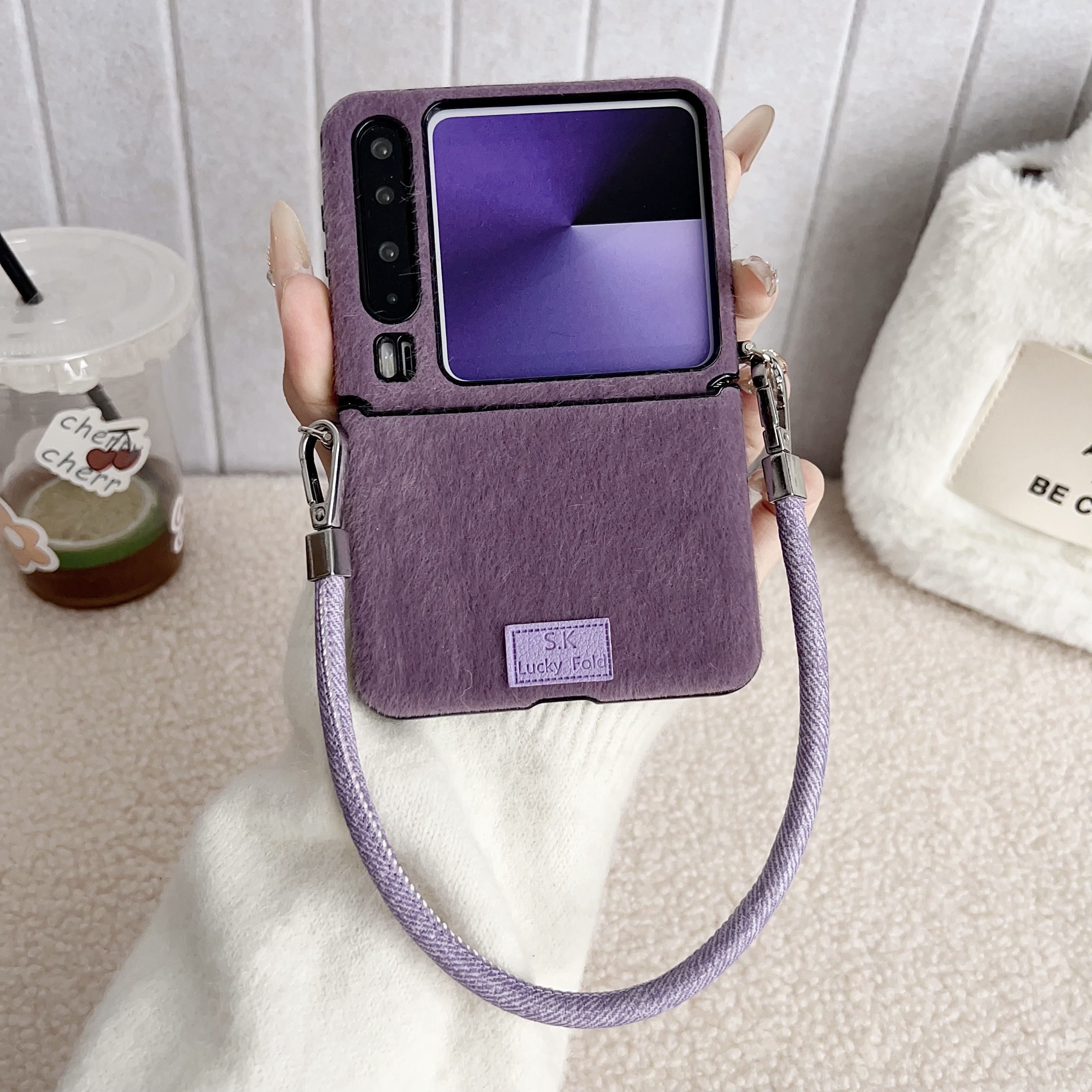 适用华为purax折叠阔屏华为purax典藏版手机壳秋冬毛绒新款中轴铰链全包华为PURAX轻奢紫色防摔女手提挂绳潮