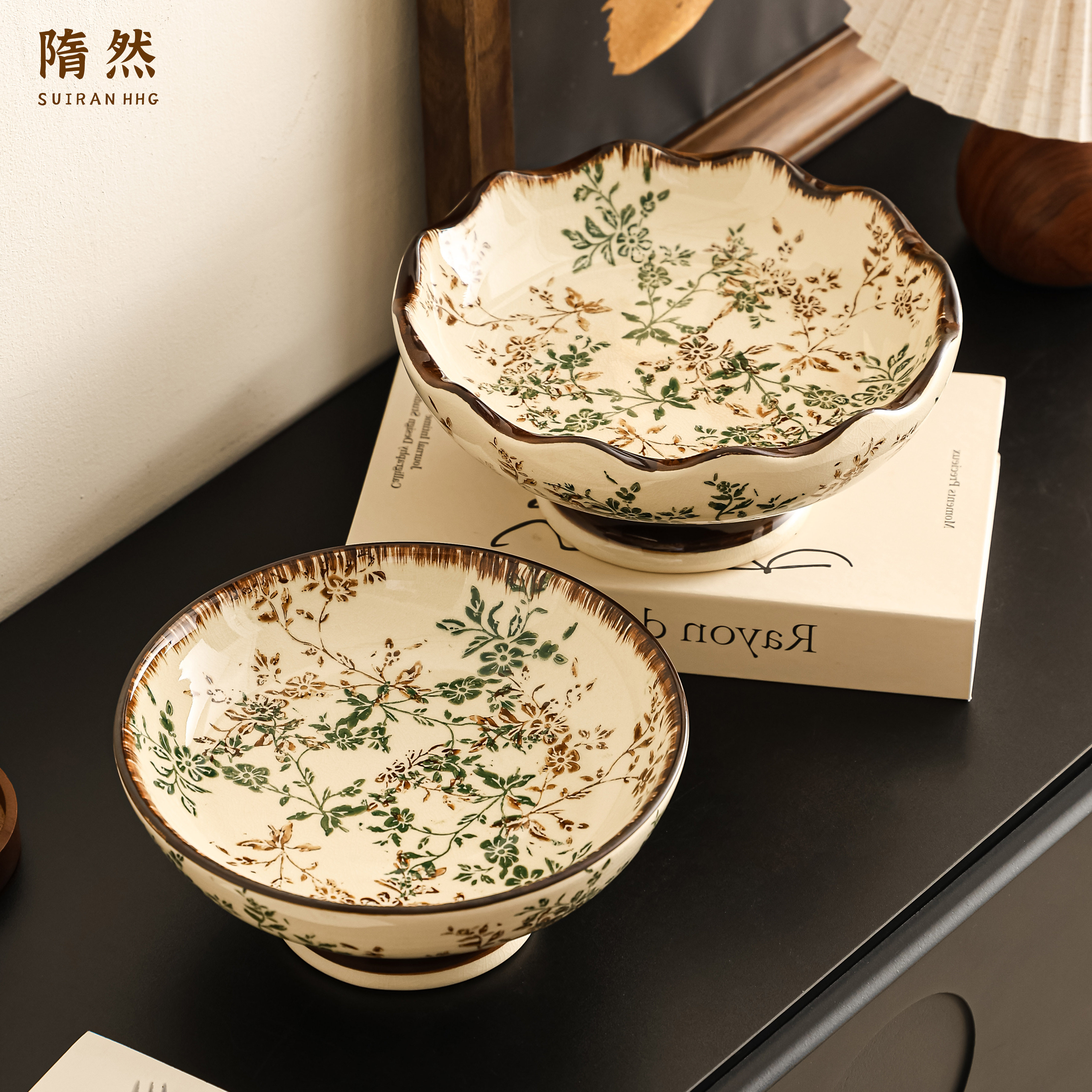 中古风繁花水果盘高颜值客厅茶几家用新款陶瓷干果零食高脚摆放盘