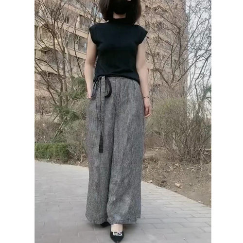 英系coss koko夏季新款黑色无袖打底衫阔腿休闲格裤显瘦女装