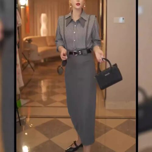 英系coss koko秋季新款法式条纹设计感衬衫高腰半身裙女装