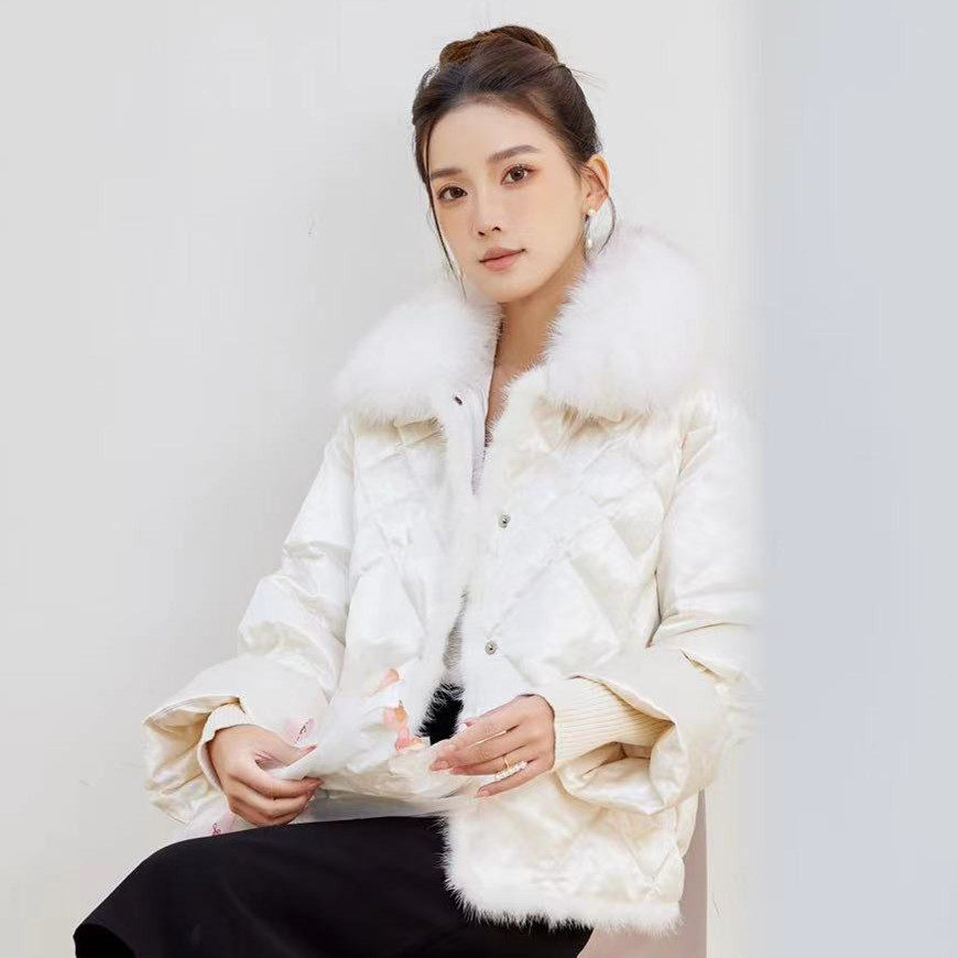法国CherryKoko高级感缎面新中式水貂毛拼狐狸毛大毛领羽绒服女