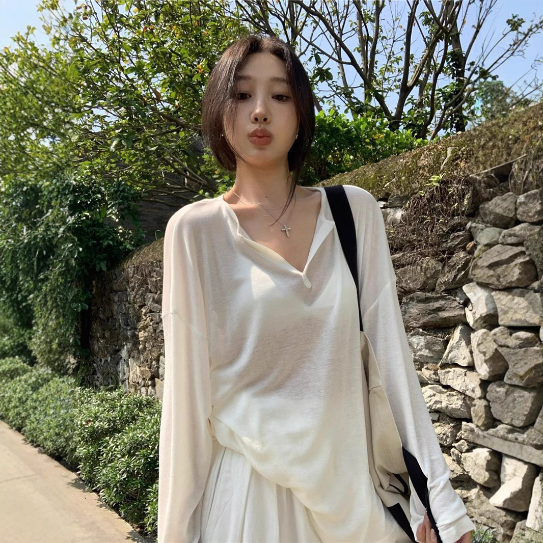 法国chrry koop薄款v领长袖t恤女春季宽松休闲chic防晒罩衫白色
