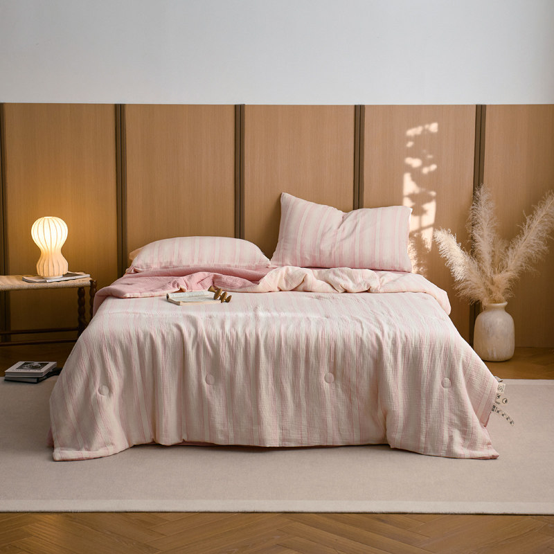 A类母婴级水洗全棉无印双层皱皱纱牛奶蛋白夏被无印皱条纹化纤被