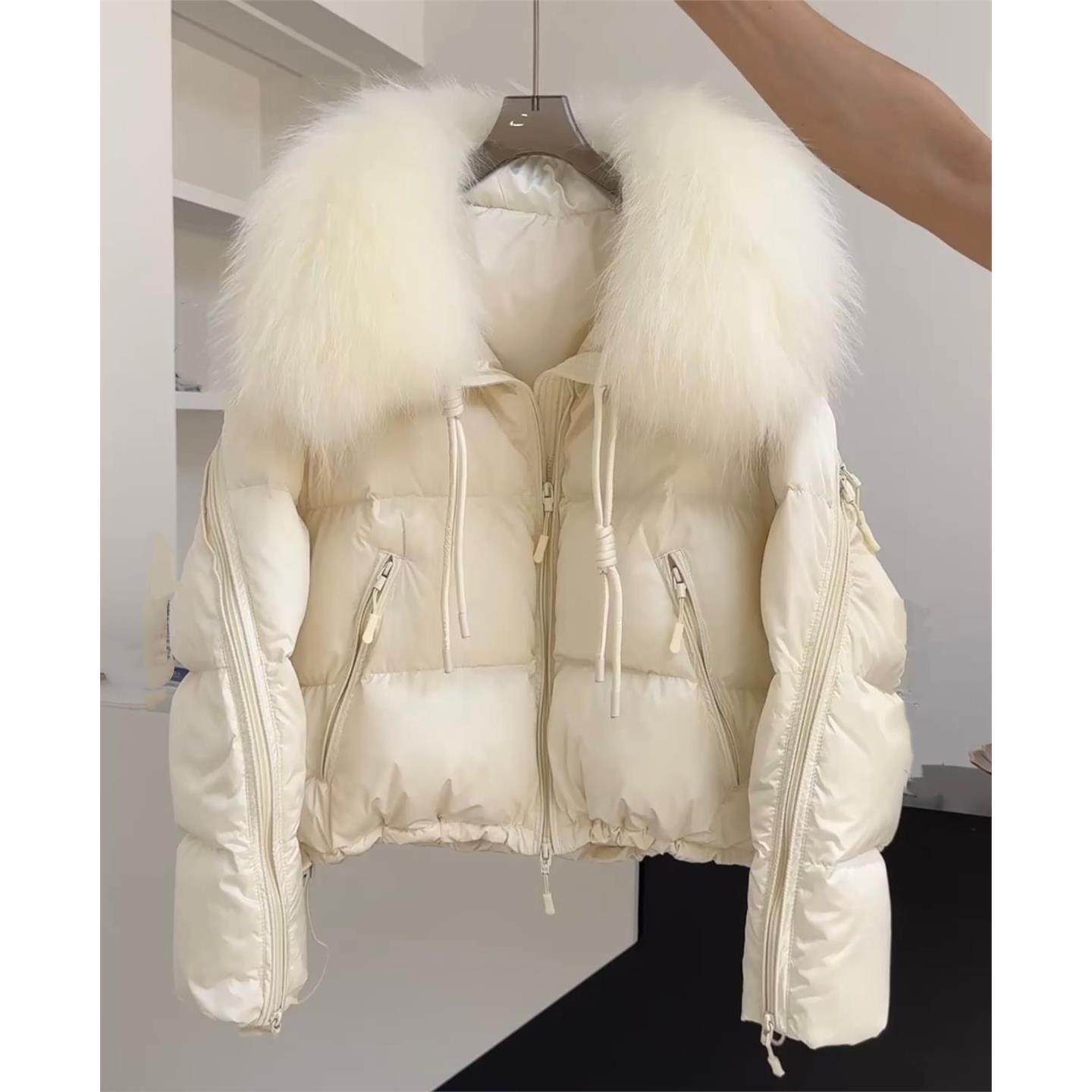 2025新款时尚洋气连帽羽绒服冬季貉子毛领白鹅绒外套女短款大毛领