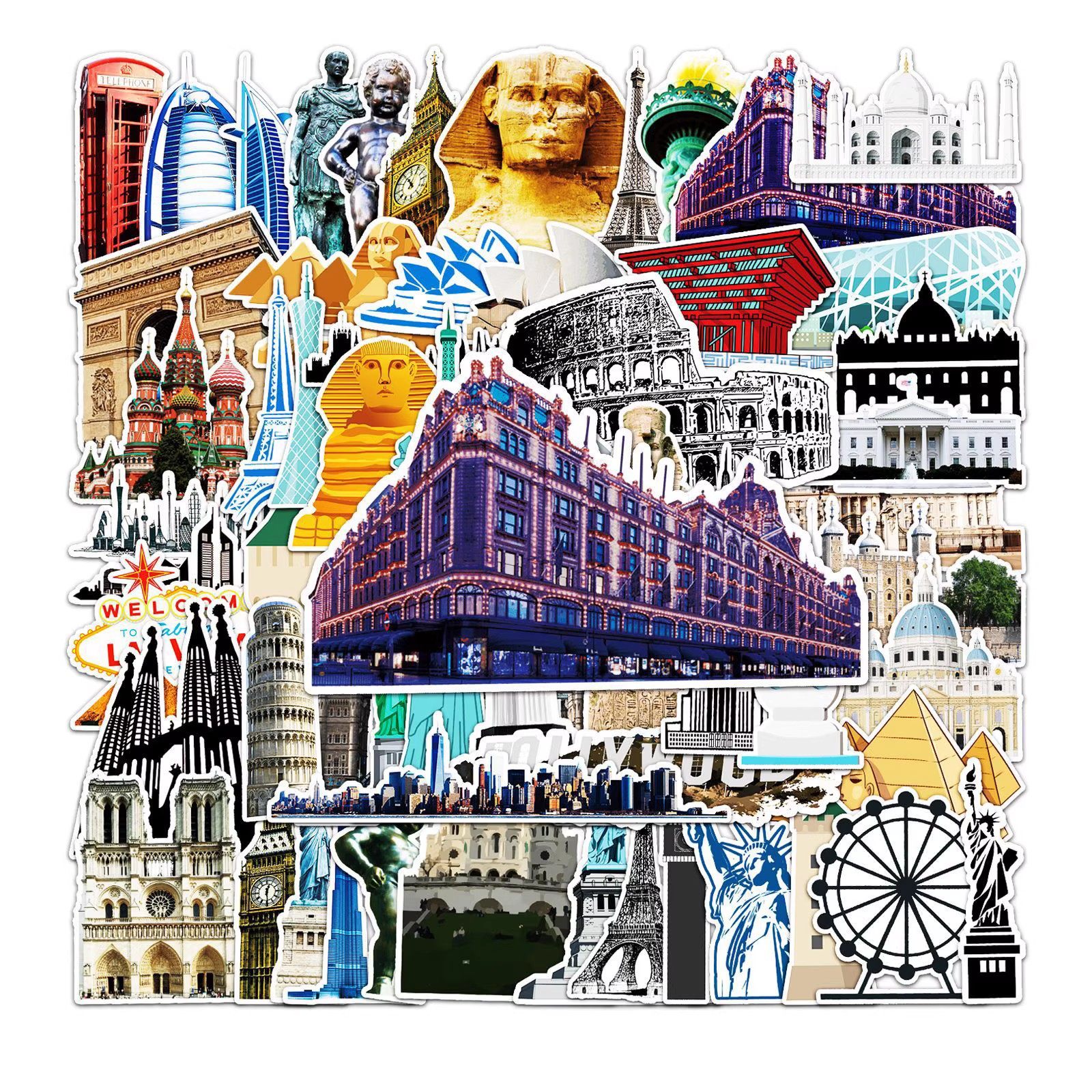 64枚个性世界旅游地标欧洲城市行李箱贴纸防水不留胶拉杆箱笔记本电脑吉他滑板电瓶车汽车摩托车头盔装饰贴画,3C数码配件,笔记本个性小贴纸,淘宝优惠券,粉丝福利购,淘宝优惠卷