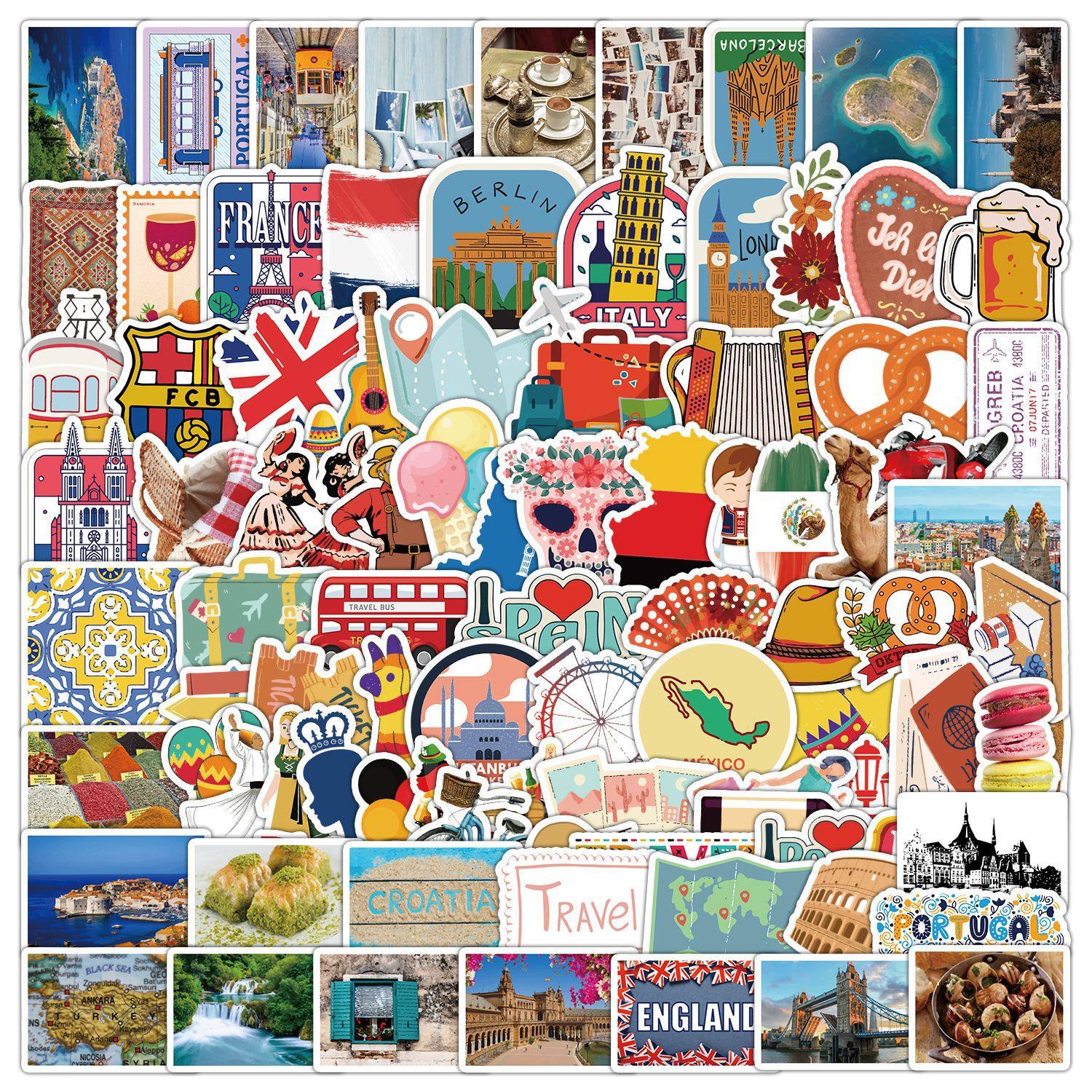 100张创意世界名胜风景风情涂鸦行李箱贴纸笔记本电脑手机水杯吉他滑