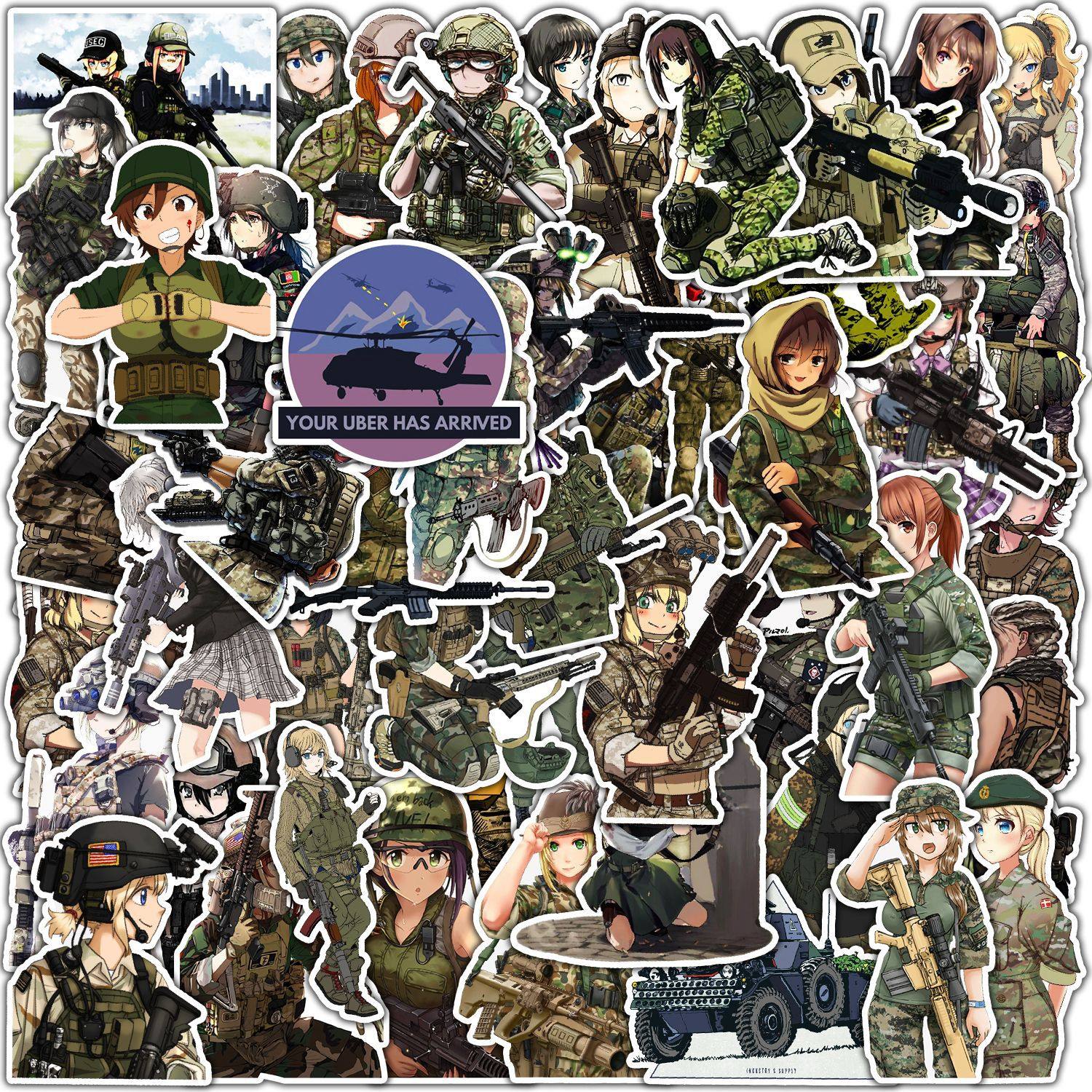 50张手帐军人女孩女士兵涂鸦贴纸军旅汽车摩托车头盔手机壳吉他柜子音响水壶水杯笔记本电脑平板ipad装饰贴画