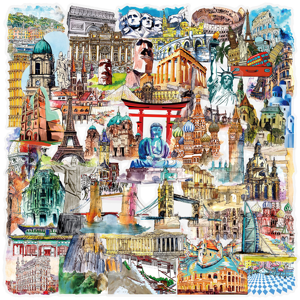 100张透明无白边户外旅行世界地标建筑风景贴纸手账笔记本电脑平板吉他行李箱手机壳玻璃水杯自行车防水贴画