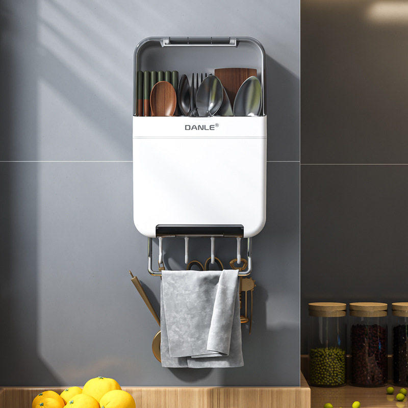 免打孔带盖筷笼壁挂厨房置物架分格沥水餐具收纳家用防尘筷子筒