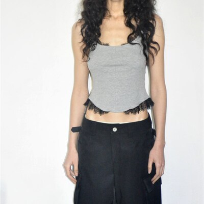 saumple study symp 罗纹拼接蕾丝弧形下摆吊带背心