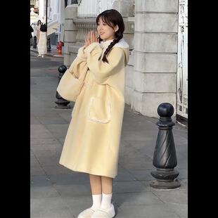 温柔奶黄毛呢外套女2023冬季 学院风 新款 减龄牛角扣中长款