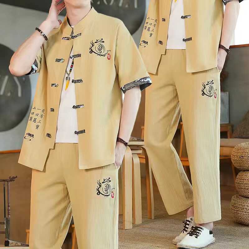 菲乐品牌夏季男士套装中国风高档开衫短袖民族风男装汉服复古唐装