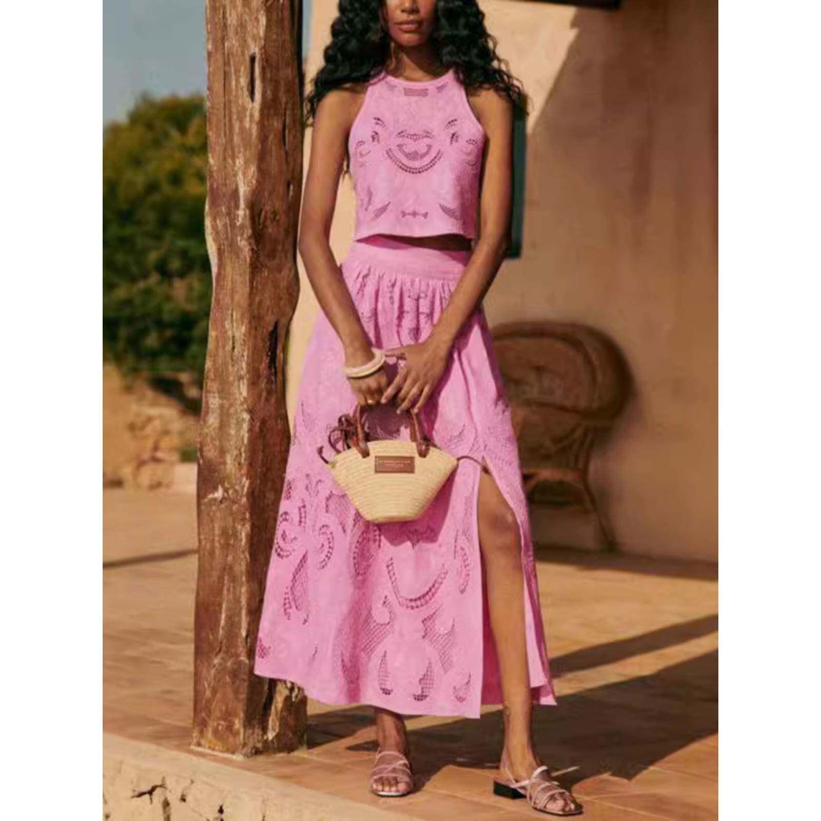 Women casual slit set欧美半身裙口袋休闲宽松度假开叉套装