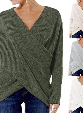 Women New Solidcolor Fashion V Neck Hem Sweater Loose Jumper