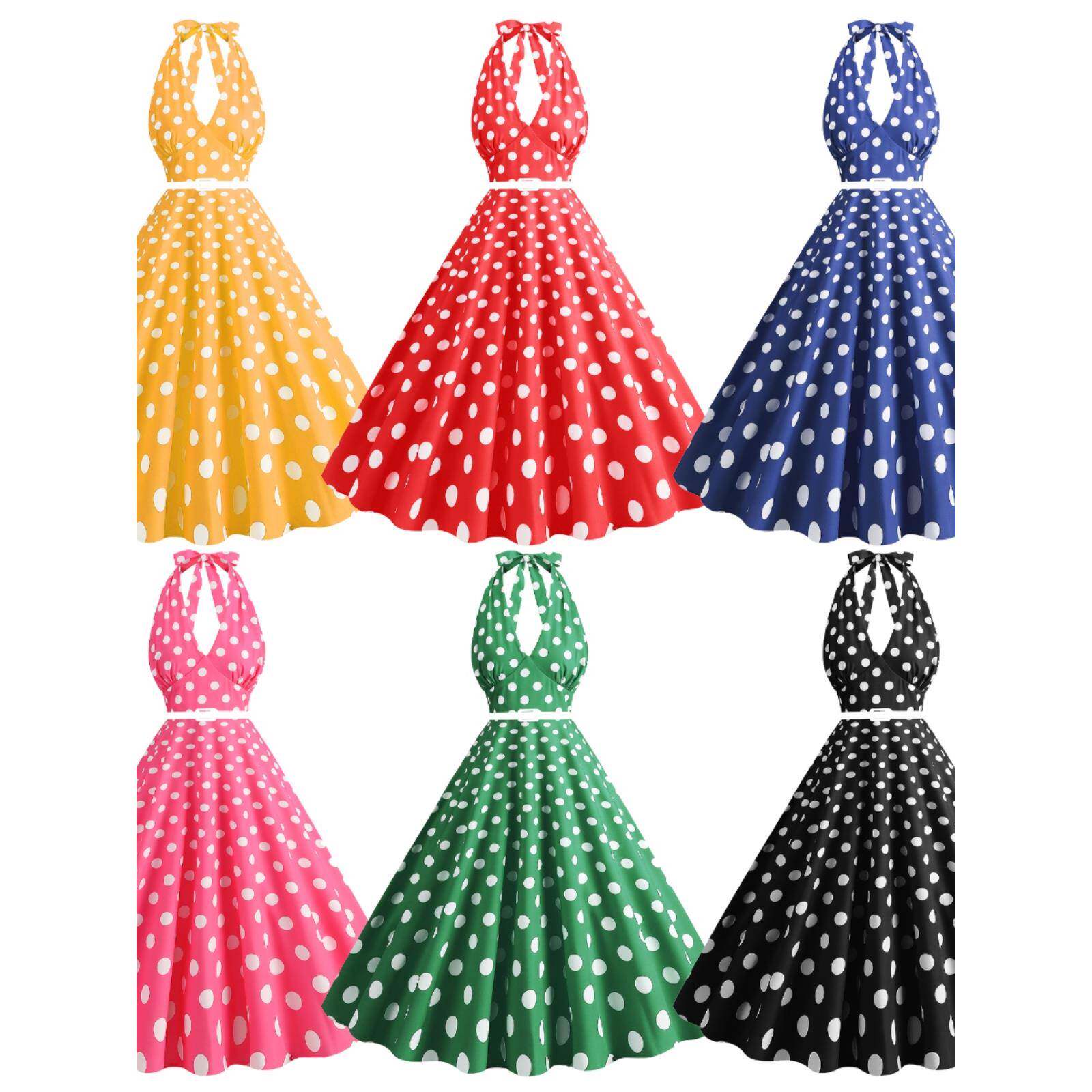 欧美风法式气质通爆款热卖挂脖波点印花大摆一字领收腰显瘦连衣裙