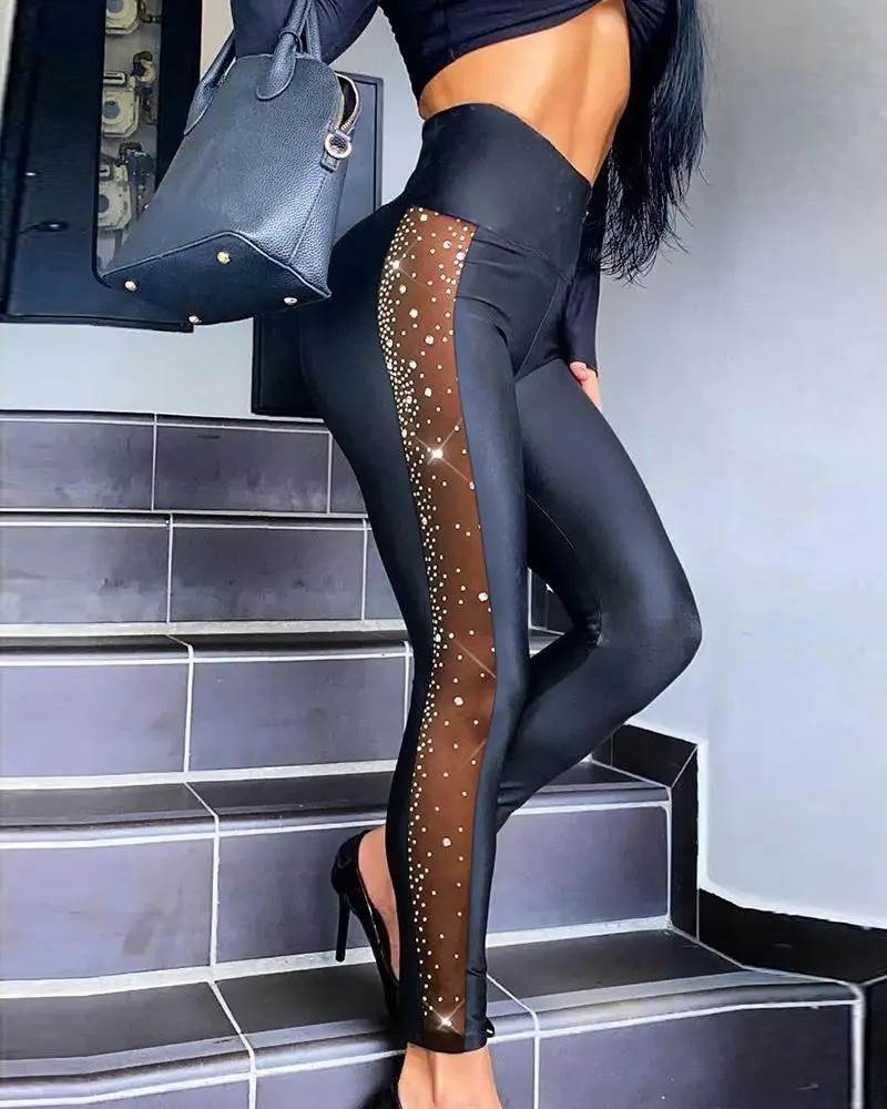 黑色烫钻网纱拼接紧身长裤 Rhinestone High Waist Skinny Pant
