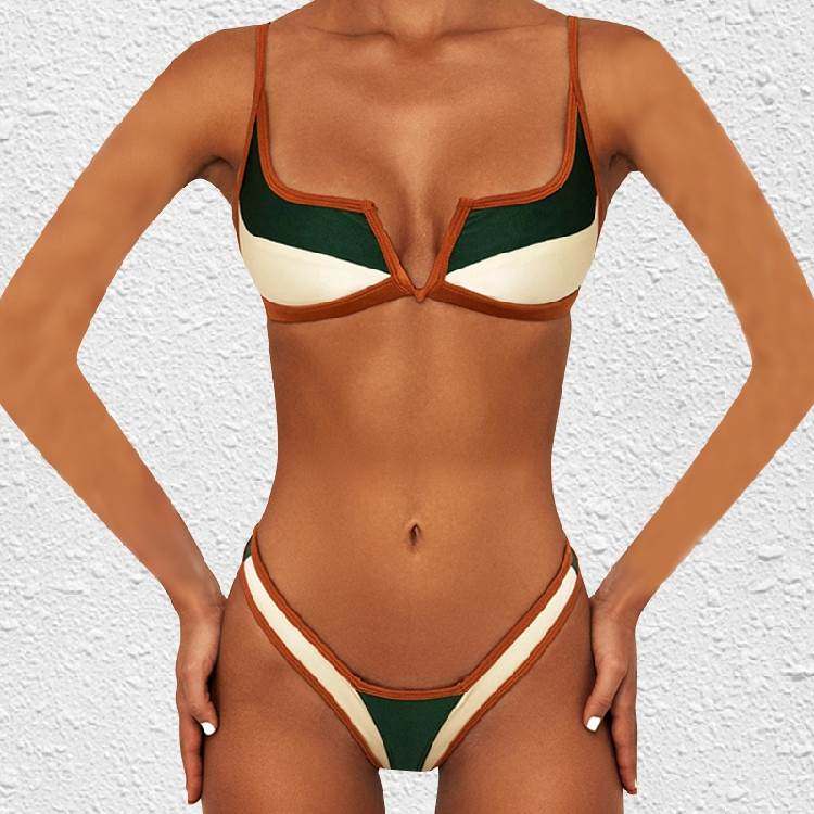 欧美新款三点式比基尼拼色小胸性感深V丁字裤泳衣女bikini比坚尼