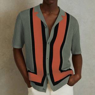 镂空Polo衫 欧美男装 翻领短袖 条纹撞色针织衫 Men 2025夏季